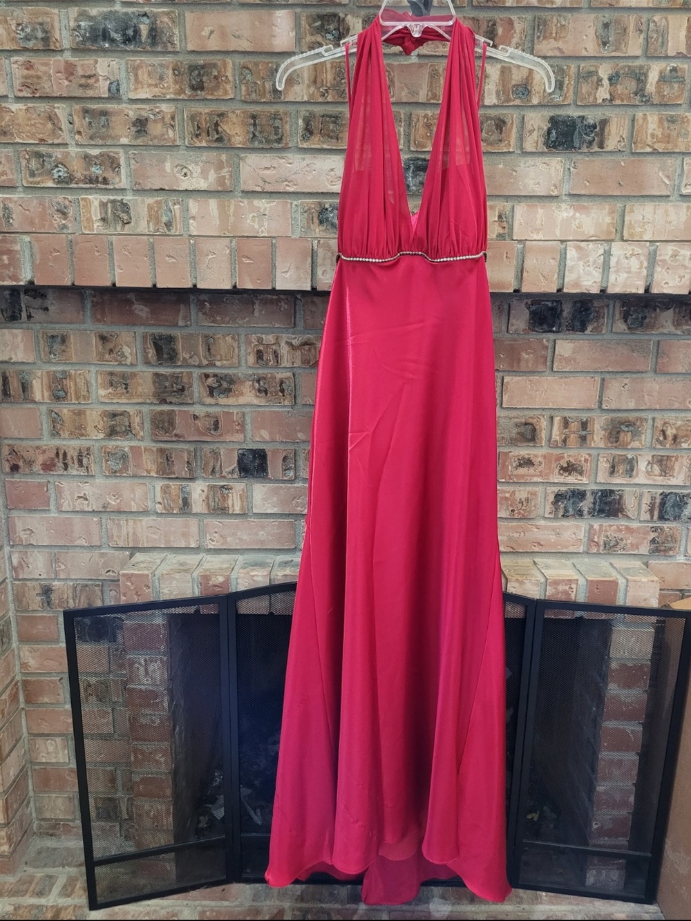 Camille La Vie fuchsia halter prom gown with beaded waist
